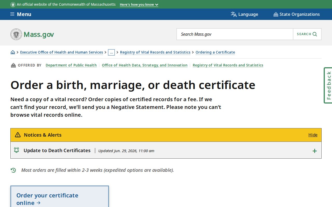 Hudson residents directory using Massachusetts vital certificate ordering guidance